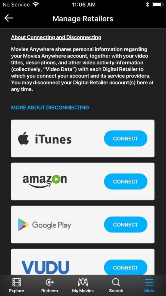 cliquez sur se connecter pour synchroniser iTunes avec l'application Movie Anywhere
